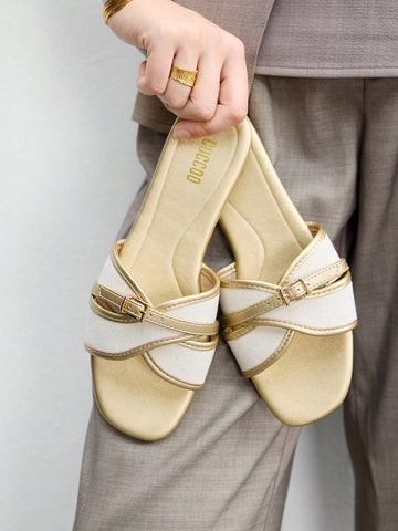 Simple Buckle Color Block Flat Sandals