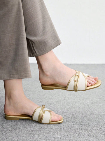 Simple Buckle Color Block Flat Sandals