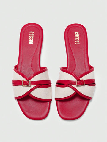 Simple Buckle Color Block Flat Sandals