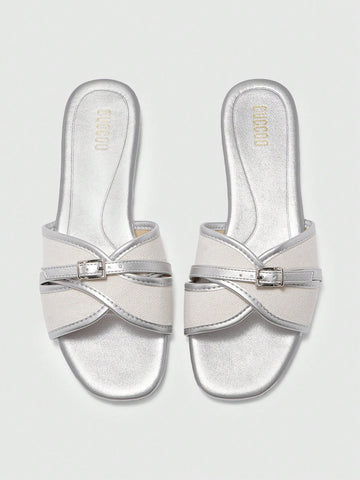 Simple Buckle Color Block Flat Sandals