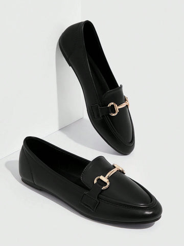 Women's Shoes New Years Metallic Buckle Decor Comfortable Black Flat Heel Loafers