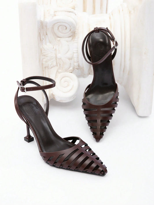 CUCCOO CHICEST Women's Elegant Decor Hollow Design Pointed Toe Leather Stiletto