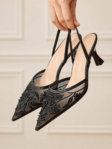 Women's Fashionable Black Floral Elegant High Heel Party Sandals