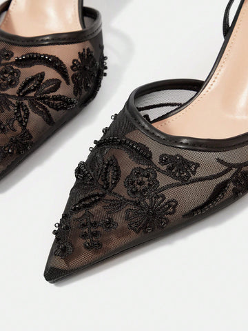 Women's Fashionable Black Floral Elegant High Heel Party Sandals