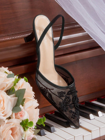 Women's Fashionable Black Floral Elegant High Heel Party Sandals