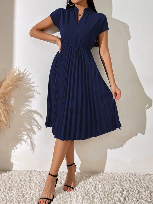 Chiquease Pleated Hem Notched Neckline A-Line Dress Maxi