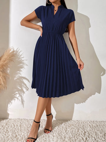 Chiquease Pleated Hem Notched Neckline A-Line Dress Maxi
