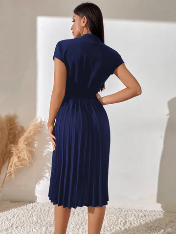 Chiquease Pleated Hem Notched Neckline A-Line Dress Maxi