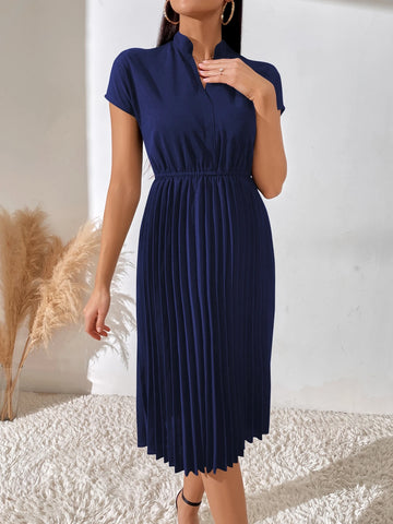 Chiquease Pleated Hem Notched Neckline A-Line Dress Maxi