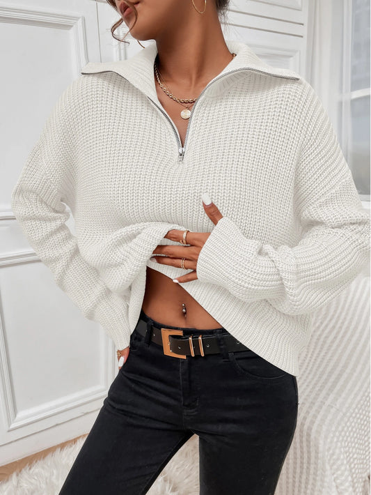 Flirla Ribbed Knit Half Zipper Drop Shoulder Sweater