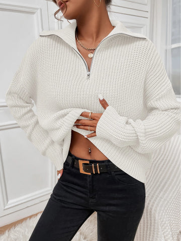 Flirla Ribbed Knit Half Zipper Drop Shoulder Sweater