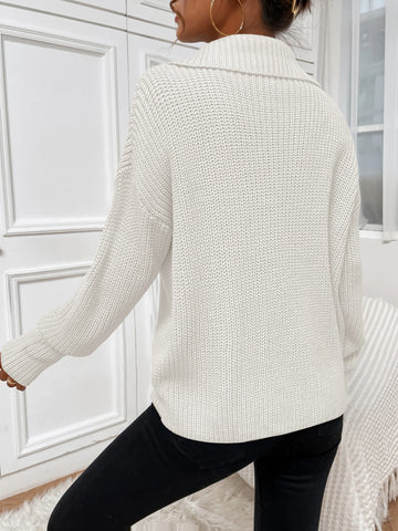 Flirla Ribbed Knit Half Zipper Drop Shoulder Sweater