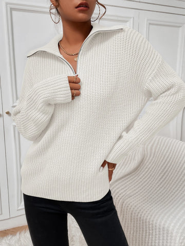 Flirla Ribbed Knit Half Zipper Drop Shoulder Sweater