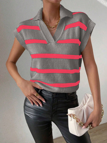 RosyDaze Striped Pattern Batwing Sleeve Sweater Vest