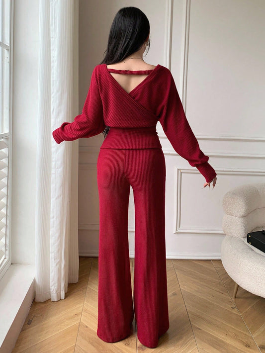 Women Elegant Overlap Collar Cinched Waist Long Sleeve Top And Pants Set