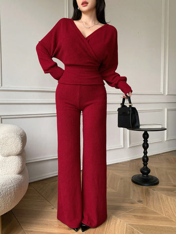 Women Elegant Overlap Collar Cinched Waist Long Sleeve Top And Pants Set