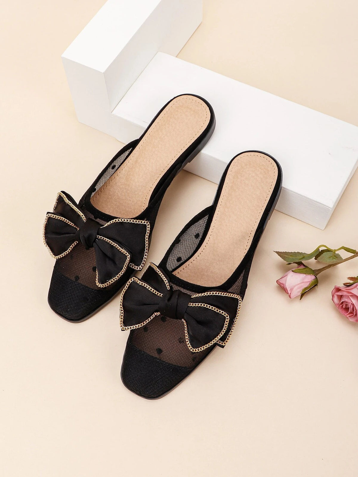 Chain & Bow Decor Flat Mules