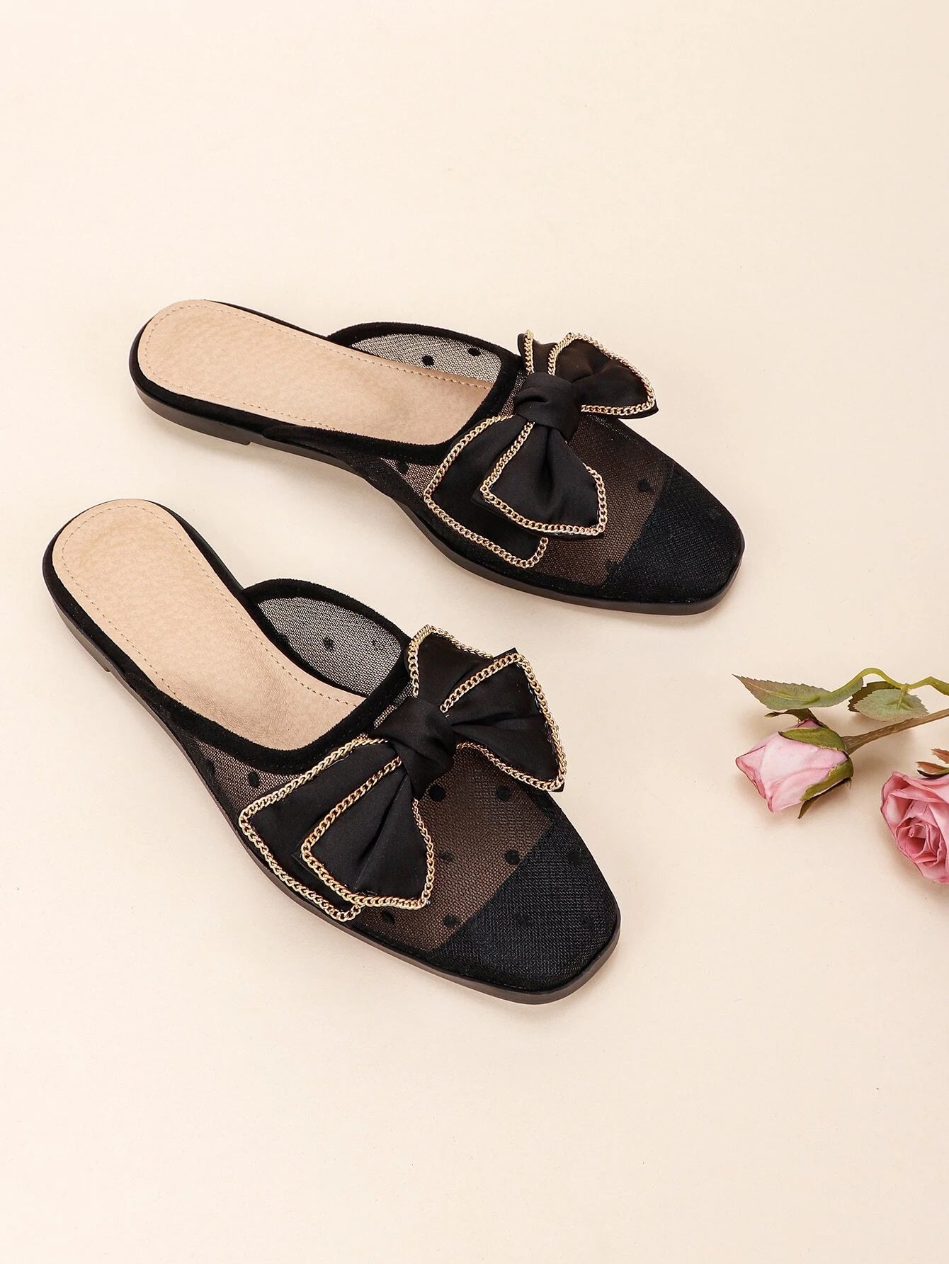 Chain & Bow Decor Flat Mules