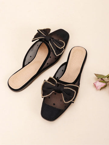 Chain & Bow Decor Flat Mules