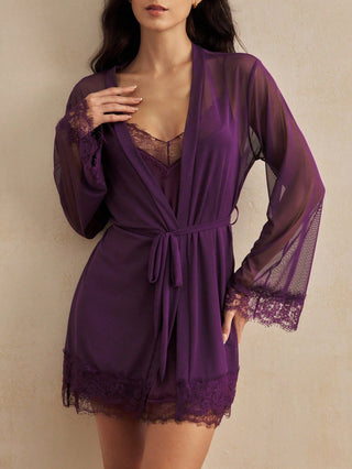Women's Contrast Lace Camisole Nightgown And Tie Waist Sheer Robe Set Purple