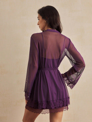 Women's Contrast Lace Camisole Nightgown And Tie Waist Sheer Robe Set