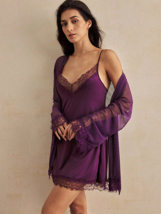 Women's Contrast Lace Camisole Nightgown And Tie Waist Sheer Robe Set
