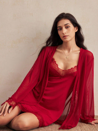Women's Contrast Lace Camisole Nightgown And Tie Waist Sheer Robe Set Burgundy
