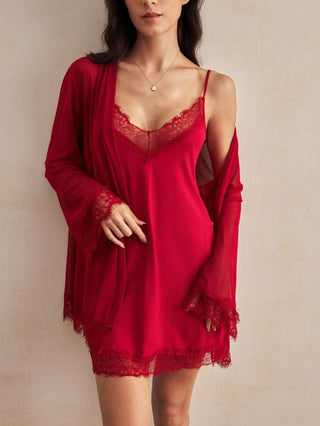 Women's Contrast Lace Camisole Nightgown And Tie Waist Sheer Robe Set