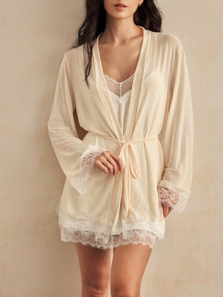 Women's Contrast Lace Camisole Nightgown And Tie Waist Sheer Robe Set