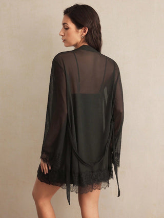 Women's Contrast Lace Camisole Nightgown And Tie Waist Sheer Robe Set