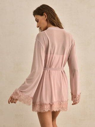 Women's Contrast Lace Camisole Nightgown And Tie Waist Sheer Robe Set