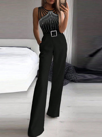 Sleeveless Rhinestone Detail Tie Bodycon Bootcut Jumpsuit