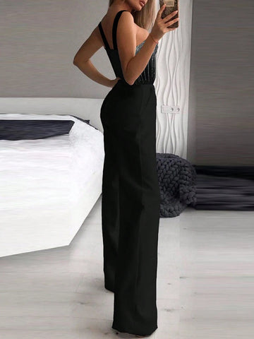 Sleeveless Rhinestone Detail Tie Bodycon Bootcut Jumpsuit