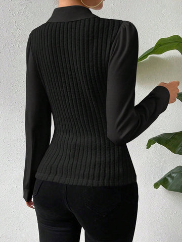 Women's Faux Two-Piece Collared Long Sleeve Fitted Blouse