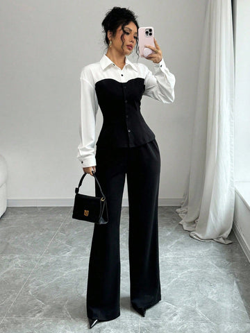Slim Fit Color-Blocking Blouse And Pants
