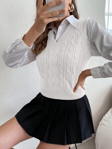 Women's Solid V-Neck Casual Comfortable Knitted Sweater Vest