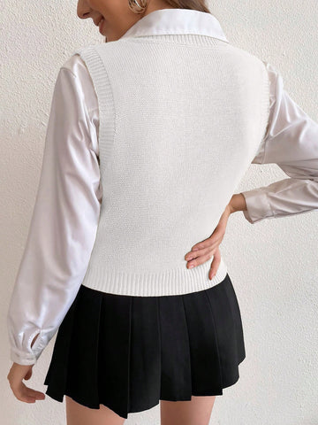 Women's Solid V-Neck Casual Comfortable Knitted Sweater Vest