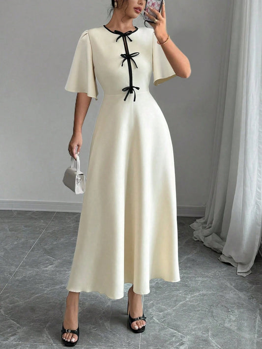 Color Blocking Bow Decor Round Neck Waist Cinched Short Sleeve Solid Dress