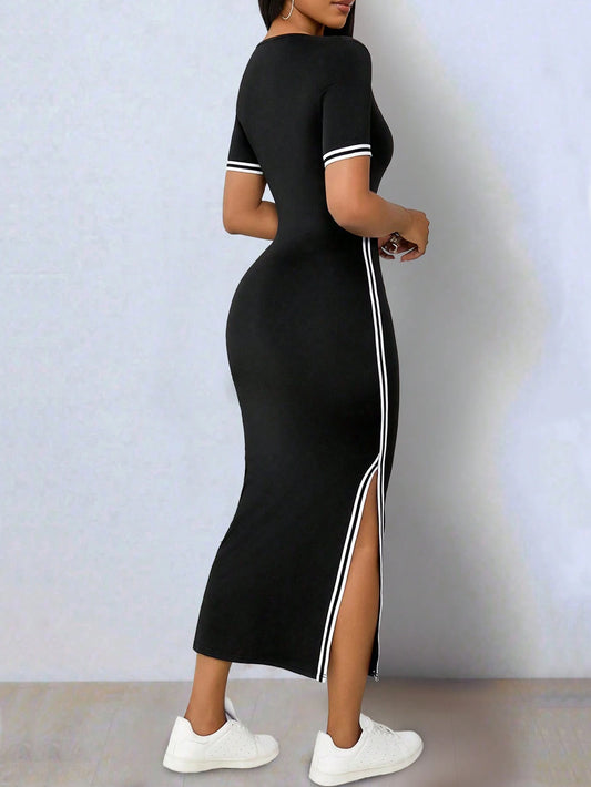 Color Blocking Elastic Knit Bodycon Asymmetric Hem Slit V-Neck Short Sleeve Dress