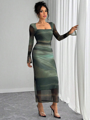 Chiquease Long Sleeve, Split Cuff, Drawcord Waist, U-Neck, Mesh Abstract Print Fitted Dress