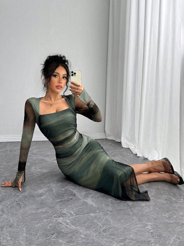 Chiquease Long Sleeve, Split Cuff, Drawcord Waist, U-Neck, Mesh Abstract Print Fitted Dress