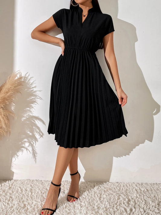 Chiquease Pleated Hem Notched Neckline A-Line Dress Maxi