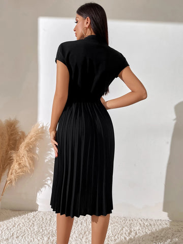 Chiquease Pleated Hem Notched Neckline A-Line Dress Maxi