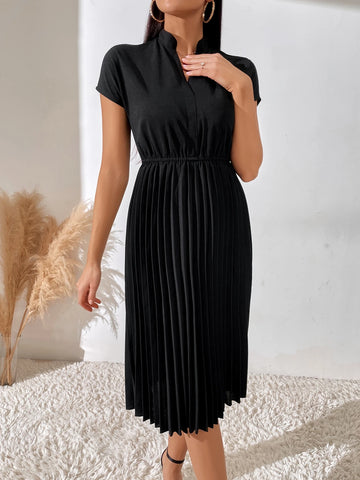 Chiquease Pleated Hem Notched Neckline A-Line Dress Maxi