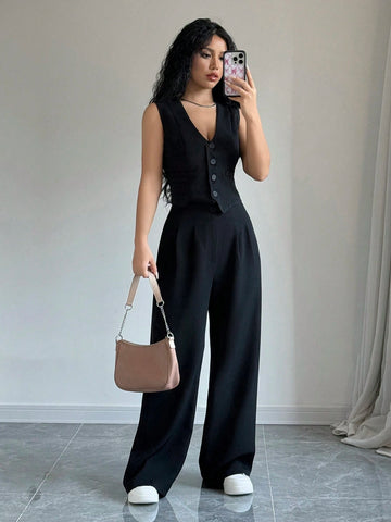 Elenzga Casual Minimalist Solid Color Sleeveless Blazer & Pants Suit Set