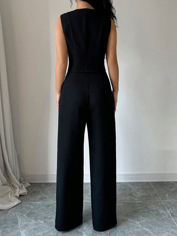 Elenzga Casual Minimalist Solid Color Sleeveless Blazer & Pants Suit Set