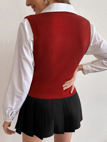 Women's Solid V-Neck Casual Comfortable Knitted Sweater Vest