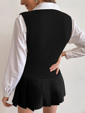 Women's Solid V-Neck Casual Comfortable Knitted Sweater Vest
