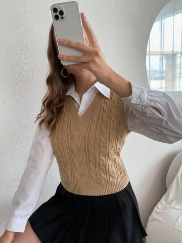 Women's Solid V-Neck Casual Comfortable Knitted Sweater Vest