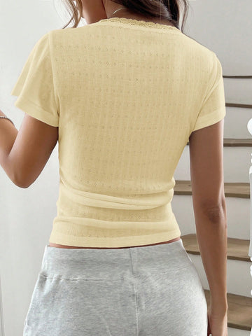 Chiquease Sweet Lace Trim Short Sleeve T-Shirt